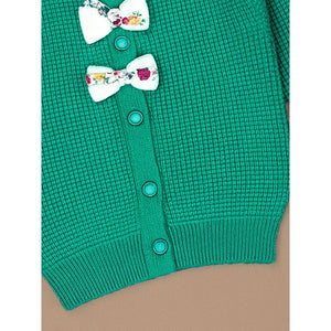 Green Knited Dual Bow kids Cardigan, Sweater for Winter & Christmas - 2 - 3 Years Winter Wear