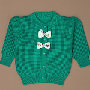 Green Knited Dual Bow kids Cardigan, Sweater for Winter & Christmas - 2 - 3 Years Winter Wear