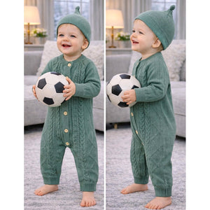 Green Knitted Pattern Full Sleeves Jumpsuit Romper with Cap for Tiny Toddlers - 6 - 12 Months Winter Wear