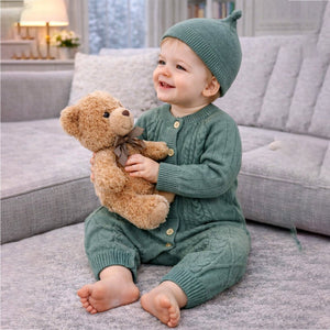 Green Knitted Pattern Full Sleeves Jumpsuit Romper with Cap for Tiny Toddlers - 6 - 12 Months Winter Wear