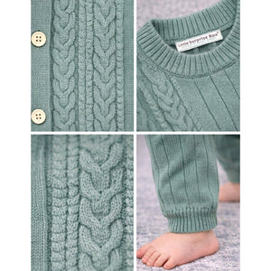 Green Knitted Pattern Full Sleeves Jumpsuit Romper with Cap for Tiny Toddlers - 6 - 12 Months Winter Wear