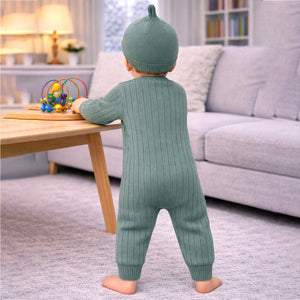 Green Knitted Pattern Full Sleeves Jumpsuit Romper with Cap for Tiny Toddlers - 6 - 12 Months Winter Wear