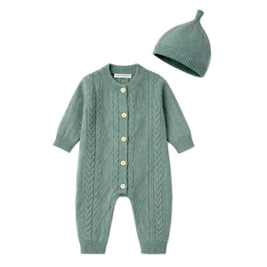 Green Knitted Pattern Full Sleeves Jumpsuit Romper with Cap for Tiny Toddlers - 6 - 12 Months Winter Wear