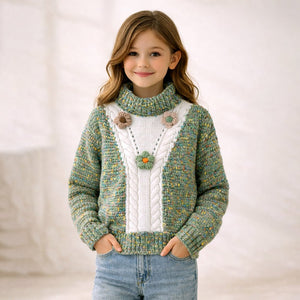 Green Multicolour Flower Knit Sweater, Winter Cardigan Sweater for Kids - 2 - 3 Years Winter Wear