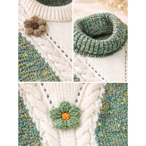 Green Multicolour Flower Knit Sweater, Winter Cardigan Sweater for Kids - 2 - 3 Years Winter Wear