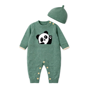 Green Panda Full Sleeves Jumpsuit winter Romper with Cap for Tiny Toddlers - 3 - 6 Months Winter Wear