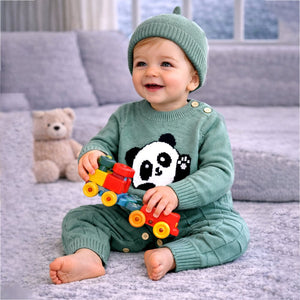 Green Panda Full Sleeves Jumpsuit winter Romper with Cap for Tiny Toddlers - 3 - 6 Months Winter Wear