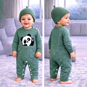 Green Panda Full Sleeves Jumpsuit winter Romper with Cap for Tiny Toddlers - 3 - 6 Months Winter Wear