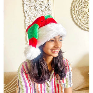 Green & Red Stripes Furry Velvet Christmas Party Hat - 