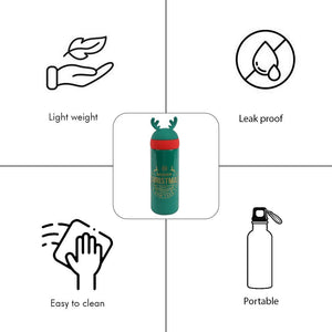 Green Reindeer Antler Stainless Steel sleek Christmas Water Bottle for Kids, 330 ml - Little Surprise BoxGreen Reindeer Antler Stainless Steel sleek Christmas Water Bottle for Kids, 330 ml