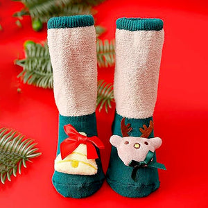 Green Reindeer & Bell Christmas Themed Ankle Length Socks For Kids - 0 - 6 Months Christmas