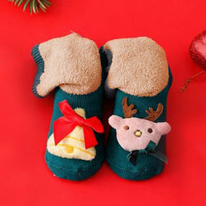 Green Reindeer & Bell Christmas Themed Ankle Length Socks For Kids - 0 - 6 Months Christmas