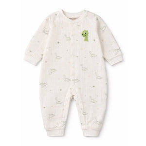 Green Smiley Dino Full Sleeves Jumpsuit Hoodie Romper for Tiny Toddlers - 3 - 6 Months Winter Wear