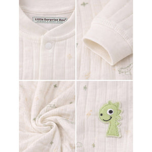 Green Smiley Dino Full Sleeves Jumpsuit Hoodie Romper for Tiny Toddlers - 3 - 6 Months Winter Wear