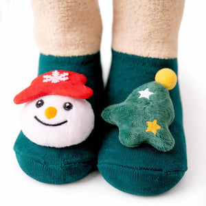 Green Snowman & Tree Christmas Themed Ankle Length Socks For Kids - 0 - 6 Months Christmas