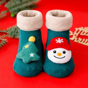 Green Snowman & Tree Christmas Themed Ankle Length Socks For Kids - 0 - 6 Months Christmas