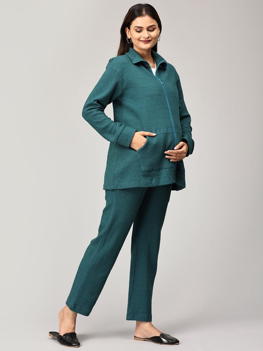 Green Virtue Maternity and Nursing Bomber Jacket Co- Ord Set - MWW-SD-GRNJ-S