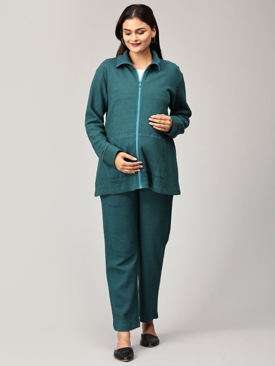 Green Virtue Maternity and Nursing Bomber Jacket Co- Ord Set - MWW-SD-GRNJ-S