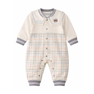 Grey and Cream Sailor Collar Brave Bear Full Sleeves Jumpsuit Romper for Tiny Toddlers - 6 - 12 Months Kids Clothing