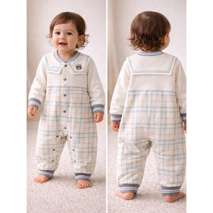 Grey and Cream Sailor Collar Brave Bear Full Sleeves Jumpsuit Romper for Tiny Toddlers - 6 - 12 Months Kids Clothing