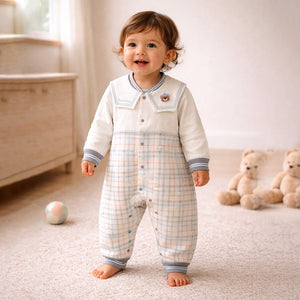 Grey and Cream Sailor Collar Brave Bear Full Sleeves Jumpsuit Romper for Tiny Toddlers - 6 - 12 Months Kids Clothing
