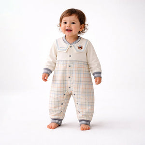 Grey and Cream Sailor Collar Brave Bear Full Sleeves Jumpsuit Romper for Tiny Toddlers - 6 - 12 Months Kids Clothing