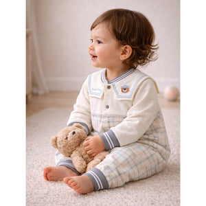 Grey and Cream Sailor Collar Brave Bear Full Sleeves Jumpsuit Romper for Tiny Toddlers - 6 - 12 Months Kids Clothing