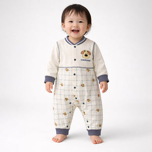 Grey Courage Puppy Varsity Style, Full Sleeves Jumpsuit Romper for Tiny Toddlers - 6 - 12 Months Kids Clothing