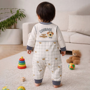 Grey Courage Puppy Varsity Style, Full Sleeves Jumpsuit Romper for Tiny Toddlers - 6 - 12 Months Kids Clothing