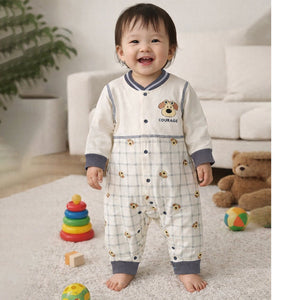 Grey Courage Puppy Varsity Style, Full Sleeves Jumpsuit Romper for Tiny Toddlers - 6 - 12 Months Kids Clothing