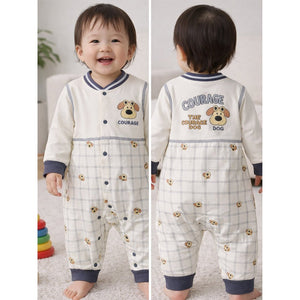 Grey Courage Puppy Varsity Style, Full Sleeves Jumpsuit Romper for Tiny Toddlers - 6 - 12 Months Kids Clothing