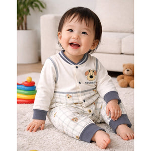 Grey Courage Puppy Varsity Style, Full Sleeves Jumpsuit Romper for Tiny Toddlers - 6 - 12 Months Kids Clothing