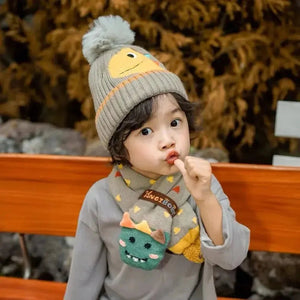 Grey Dino Kids Winter Cap & Neck Muffler Set - Winter Wear