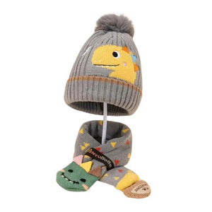 Grey Dino Kids Winter Cap & Neck Muffler Set - Winter Wear