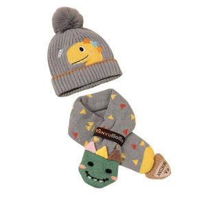 Grey Dino Kids Winter Cap & Neck Muffler Set - Winter Wear