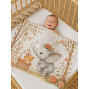 Grey Elephant woodland print Super Soft Breathable pure Muslin cotton Blanket for Infants - Bedding