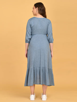 image of a lady facing backside wearing Grey Escape Maternity Wrap Dress