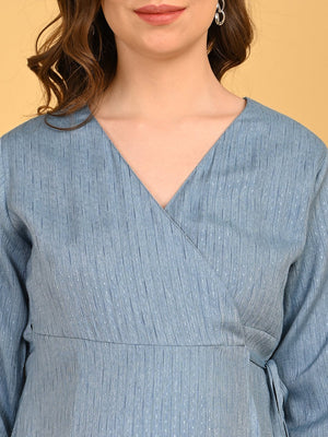Close up shot of neck design of Grey Escape Maternity Wrap Dress