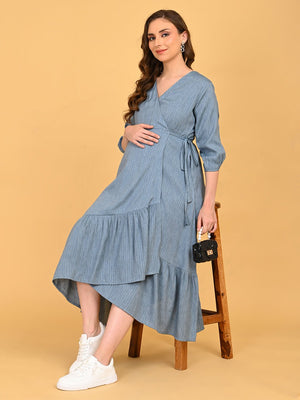 Picture of a Woman wearing Grey Escape Maternity Wrap Dress