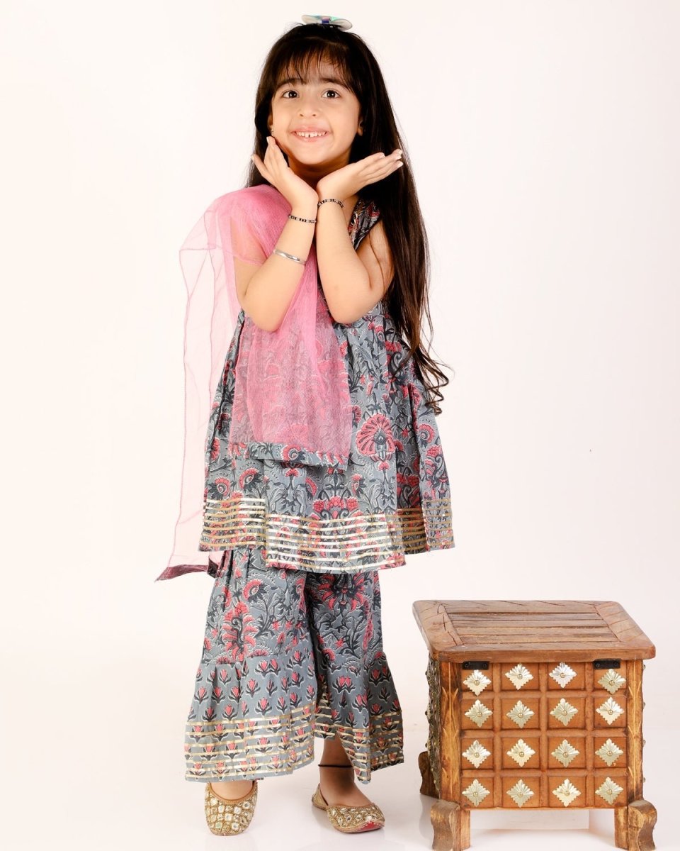 Grey Floral Print Girls Anarkali Kurta Sharara Set With Dupatta - SS-GFASD-0-6
