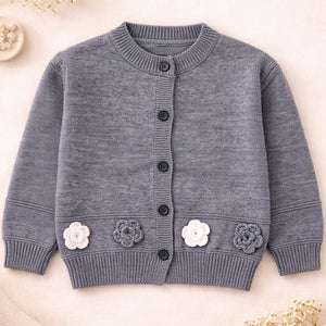 Grey Flower Button - Down Winter Cardigan, Winter Cardigan Sweater for Kids - 2 - 3 Years Winter Wear