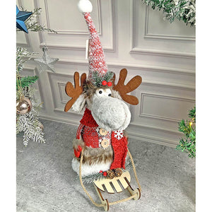 Grey & Red Deer on Snow Sledge christmas Home Décoration - 