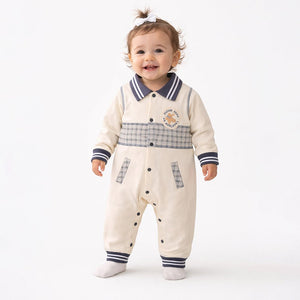 Grey Striped Collar, Full Sleeves Jumpsuit Romper for Tiny Toddlers - 6 - 12 Months Kids Clothing