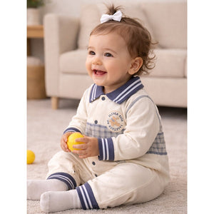 Grey Striped Collar, Full Sleeves Jumpsuit Romper for Tiny Toddlers - 6 - 12 Months Kids Clothing