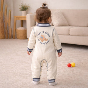 Grey Striped Collar, Full Sleeves Jumpsuit Romper for Tiny Toddlers - 6 - 12 Months Kids Clothing