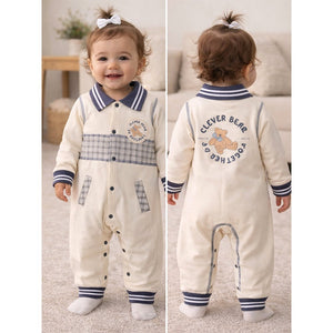 Grey Striped Collar, Full Sleeves Jumpsuit Romper for Tiny Toddlers - 6 - 12 Months Kids Clothing