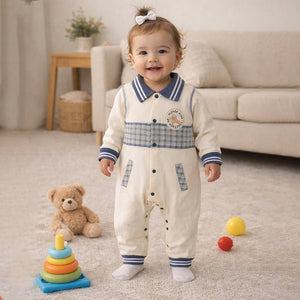 Grey Striped Collar, Full Sleeves Jumpsuit Romper for Tiny Toddlers - 6 - 12 Months Kids Clothing