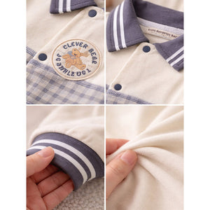 Grey Striped Collar, Full Sleeves Jumpsuit Romper for Tiny Toddlers - 6 - 12 Months Kids Clothing