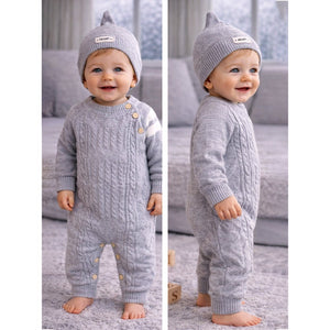 Grey White Stripes Full Sleeves Jumpsuit Winter Romper with Cap for Tiny Toddlers - 3 - 6 Months Winter Wear