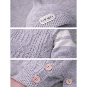 Grey White Stripes Full Sleeves Jumpsuit Winter Romper with Cap for Tiny Toddlers - 3 - 6 Months Winter Wear